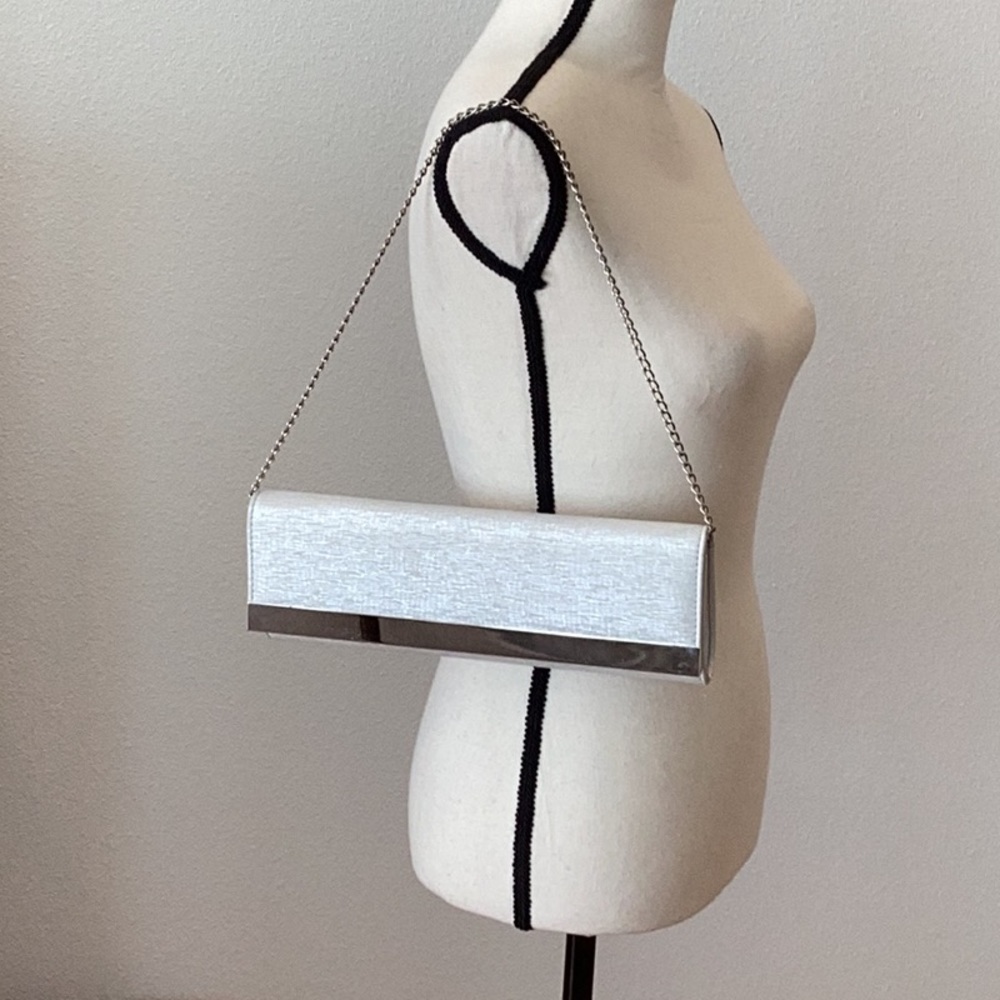 Kate Landry Silver Evening Clutch With Shoulder Chain